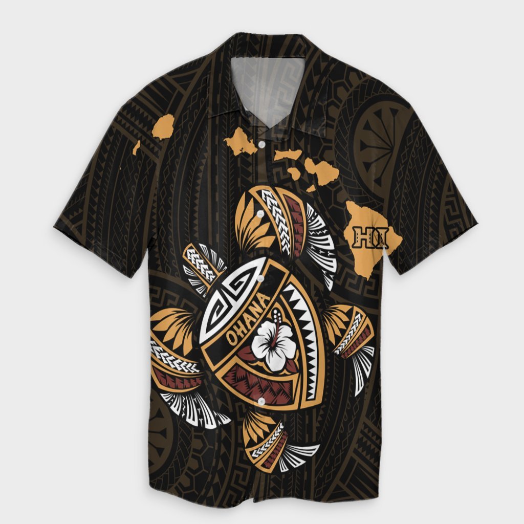 Hawaiian Map Turtle Ohana Hibicus Polynesian Hawaiian Shirt - AH Unisex Black - Polynesian Pride