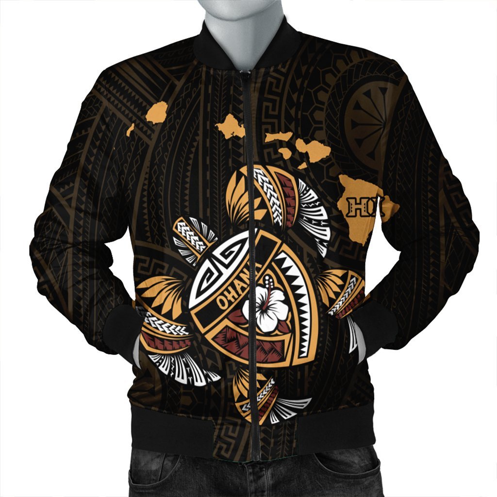 Hawaiian Map Turtle Ohana Hibicus Polynesian Bomber Jacket - AH Black Unisex - Polynesian Pride