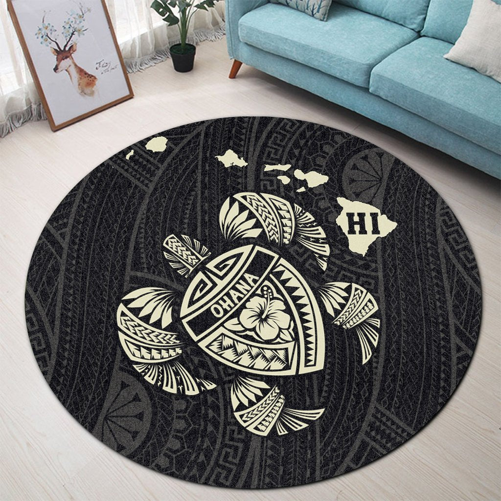 Hawaiian Map Turtle Ohana Hibicus Polynesian Round Carpet - Beige - AH - Polynesian Pride