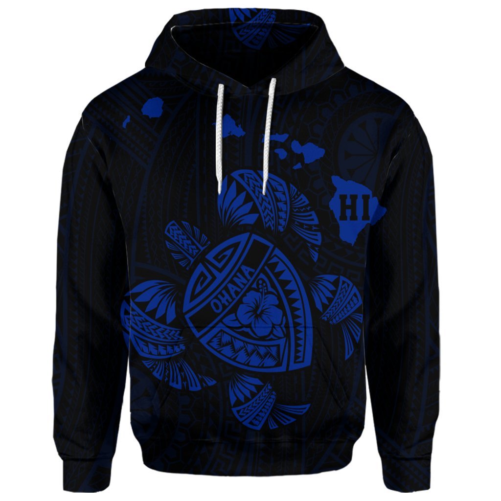 Custom Hawaiian Map Turtle Ohana Hibicus Polynesian Hoodie Blue - Polynesian Pride