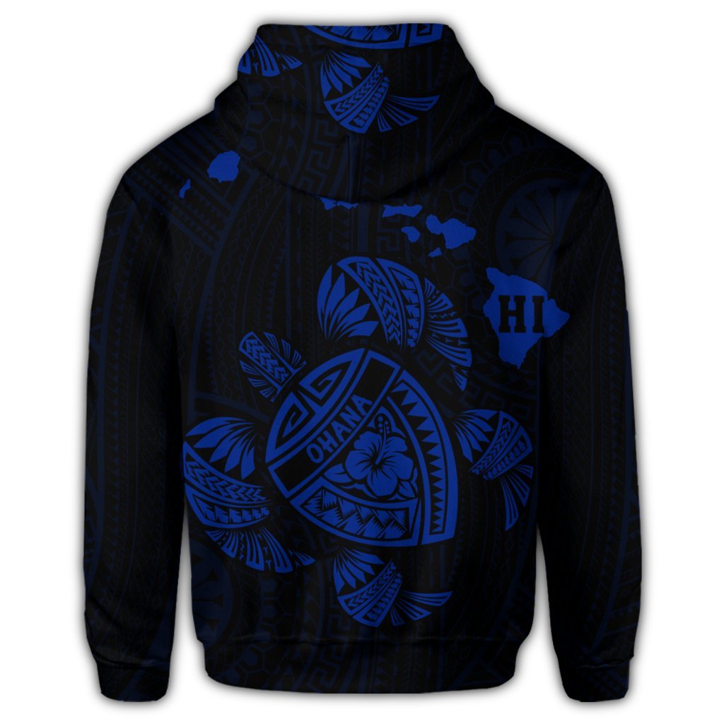 Hawaiian Map Turtle Ohana Hibicus Polynesian Hoodie Blue - Polynesian Pride