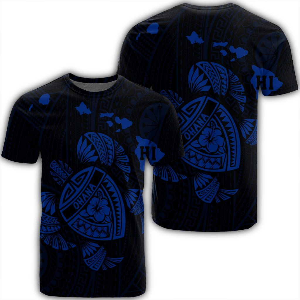 Hawaiian Map Turtle Ohana Hibicus Polynesian T Shirt Blue AH Unisex Black - Polynesian Pride