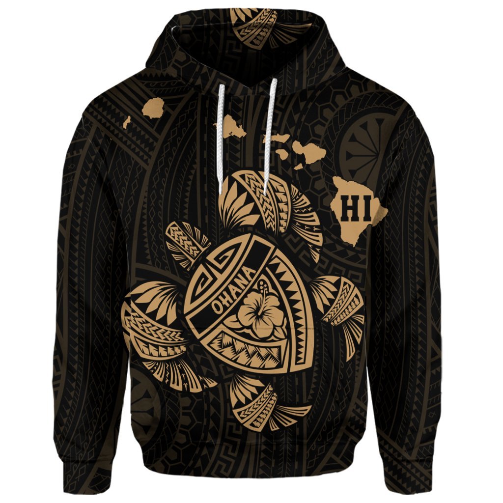 Custom Hawaiian Map Turtle Ohana Hibicus Polynesian Hoodie Gold - Polynesian Pride