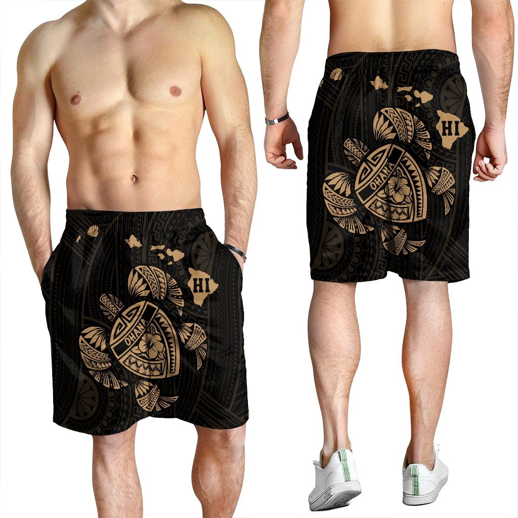 Hawaiian Map Turtle Ohana Hibicus Polynesian Men's Shorts - Gold - AH - Polynesian Pride