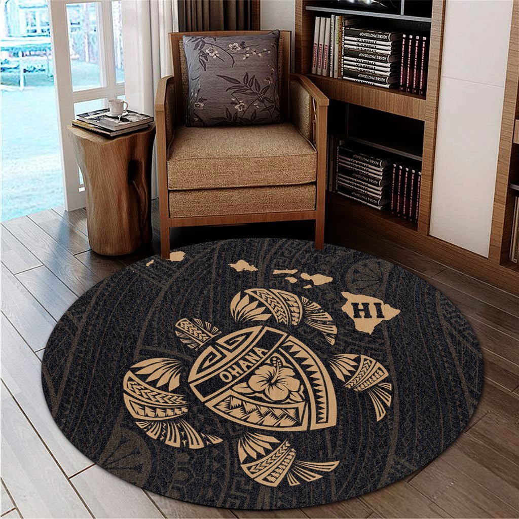 Hawaiian Map Turtle Ohana Hibicus Polynesian Round Carpet - Gold - AH - Polynesian Pride