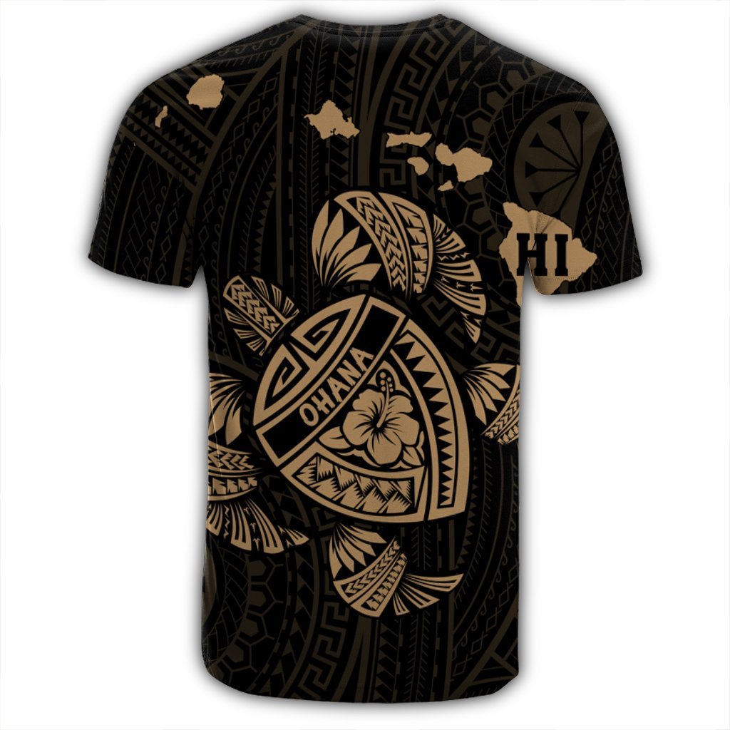 Hawaiian Map Turtle Ohana Hibicus Polynesian T Shirt Gold AH - Polynesian Pride