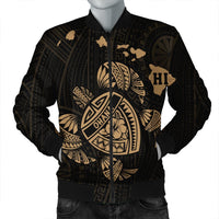 Hawaiian Map Turtle Ohana Hibicus Polynesian Bomber Jacket - Gold - AH Black Unisex - Polynesian Pride