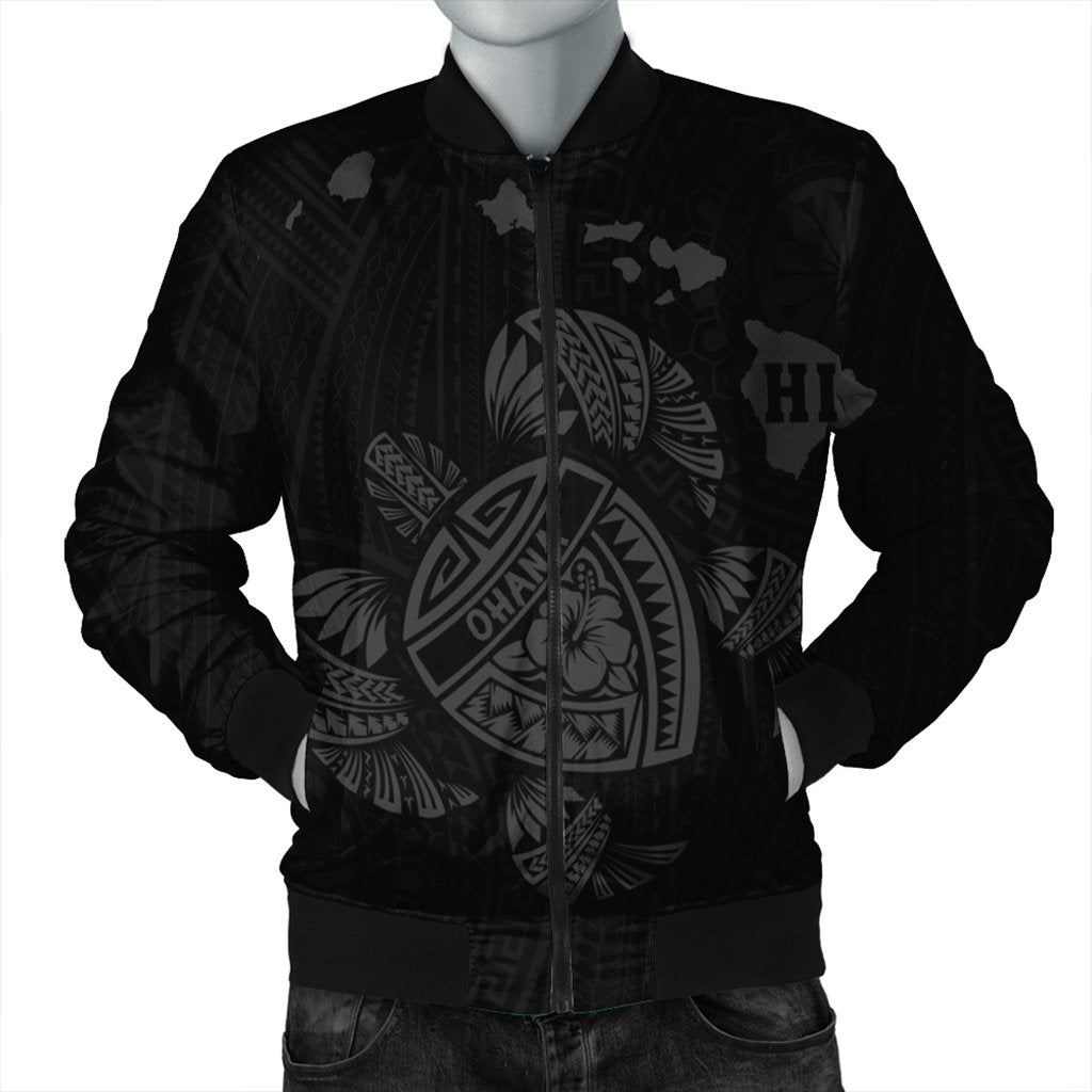 Hawaiian Map Turtle Ohana Hibicus Polynesian Bomber Jacket - Gray - AH Black Unisex - Polynesian Pride