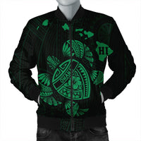 Hawaiian Map Turtle Ohana Hibicus Polynesian Bomber Jacket - Green - AH Black Unisex - Polynesian Pride