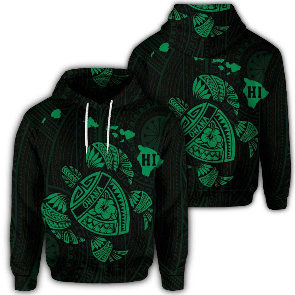 Hawaiian Map Turtle Ohana Hibicus Polynesian Hoodie Green Unisex Art - Polynesian Pride