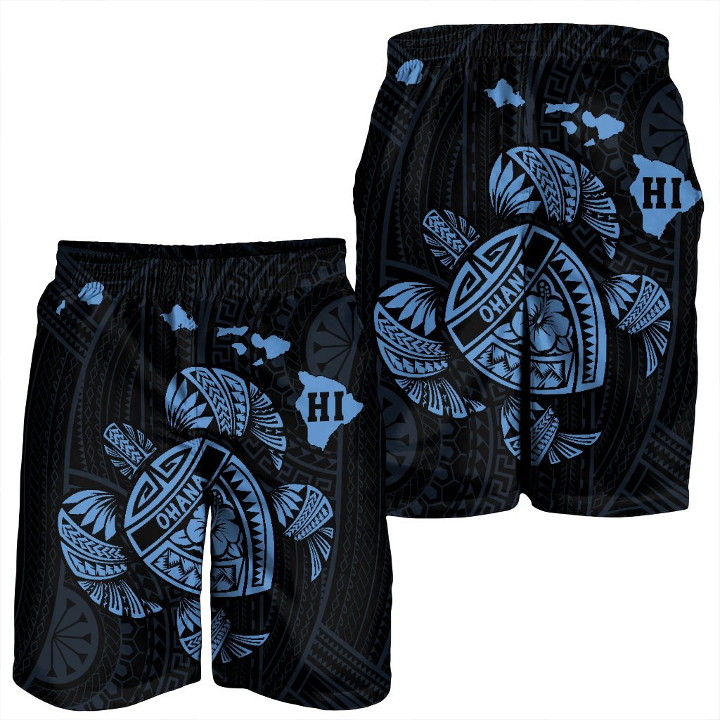 Hawaiian Map Turtle Ohana Hibicus Polynesian Men's Shorts - Pastel Blue - AH - Polynesian Pride