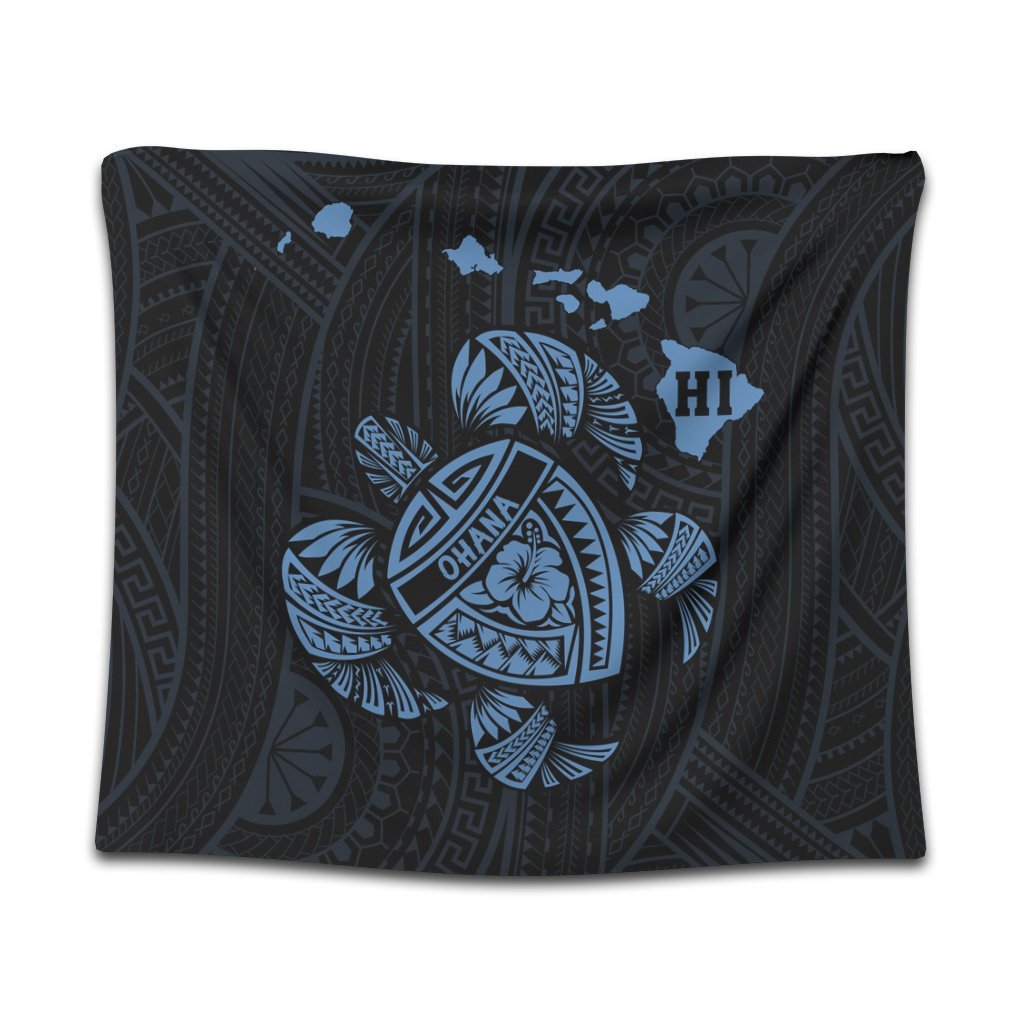 Hawaiian Map Turtle Ohana Hibicus Polynesian Tapestry - Pastel Blue - AH Wall Tapestry Black - Polynesian Pride