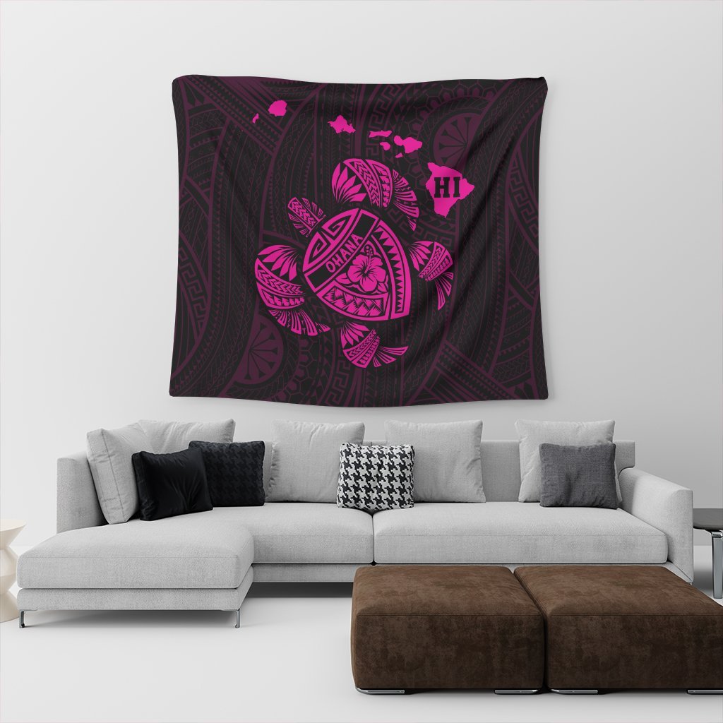Hawaiian Map Turtle Ohana Hibicus Polynesian Tapestry - Pink - AH - Polynesian Pride