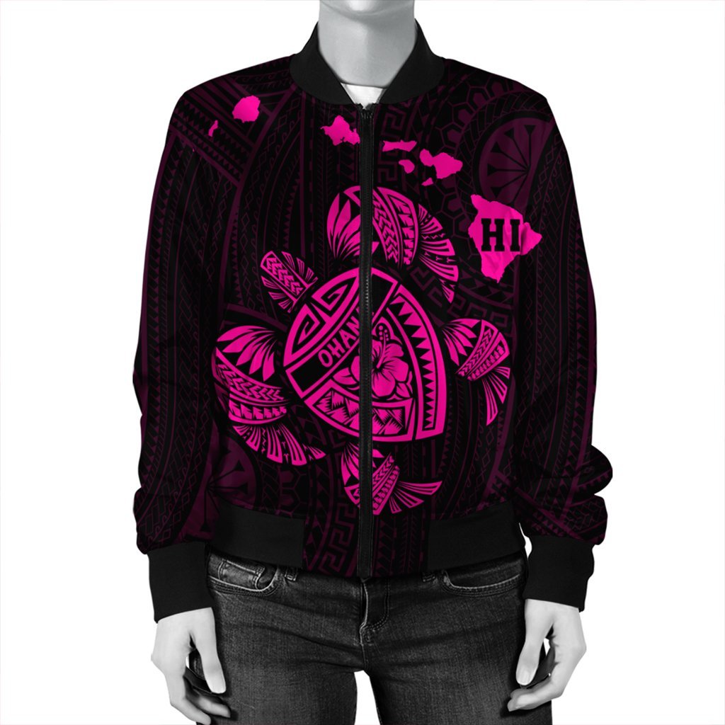 Hawaiian Map Turtle Ohana Hibicus Polynesian Bomber Jacket - Pink - AH - Polynesian Pride