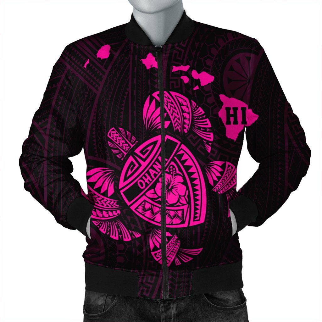Hawaiian Map Turtle Ohana Hibicus Polynesian Bomber Jacket - Pink - AH Black Unisex - Polynesian Pride