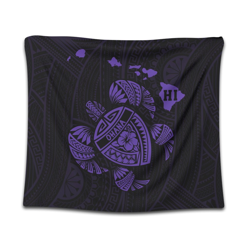 Hawaiian Map Turtle Ohana Hibicus Polynesian Tapestry - Purple - AH Wall Tapestry Black - Polynesian Pride