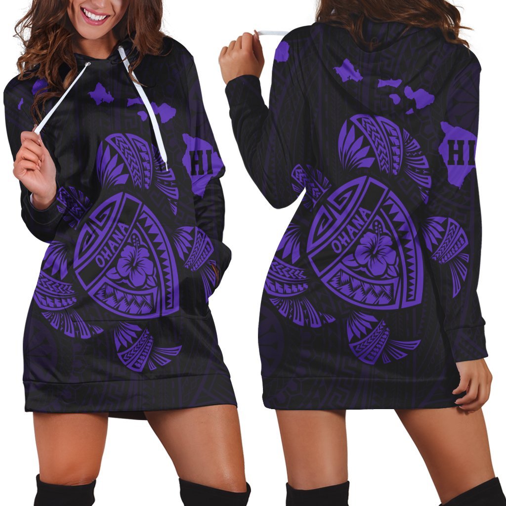 Hawaiian Map Turtle Ohana Hibicus Polynesian Hoodie Dress - Purple - AH Black - Polynesian Pride