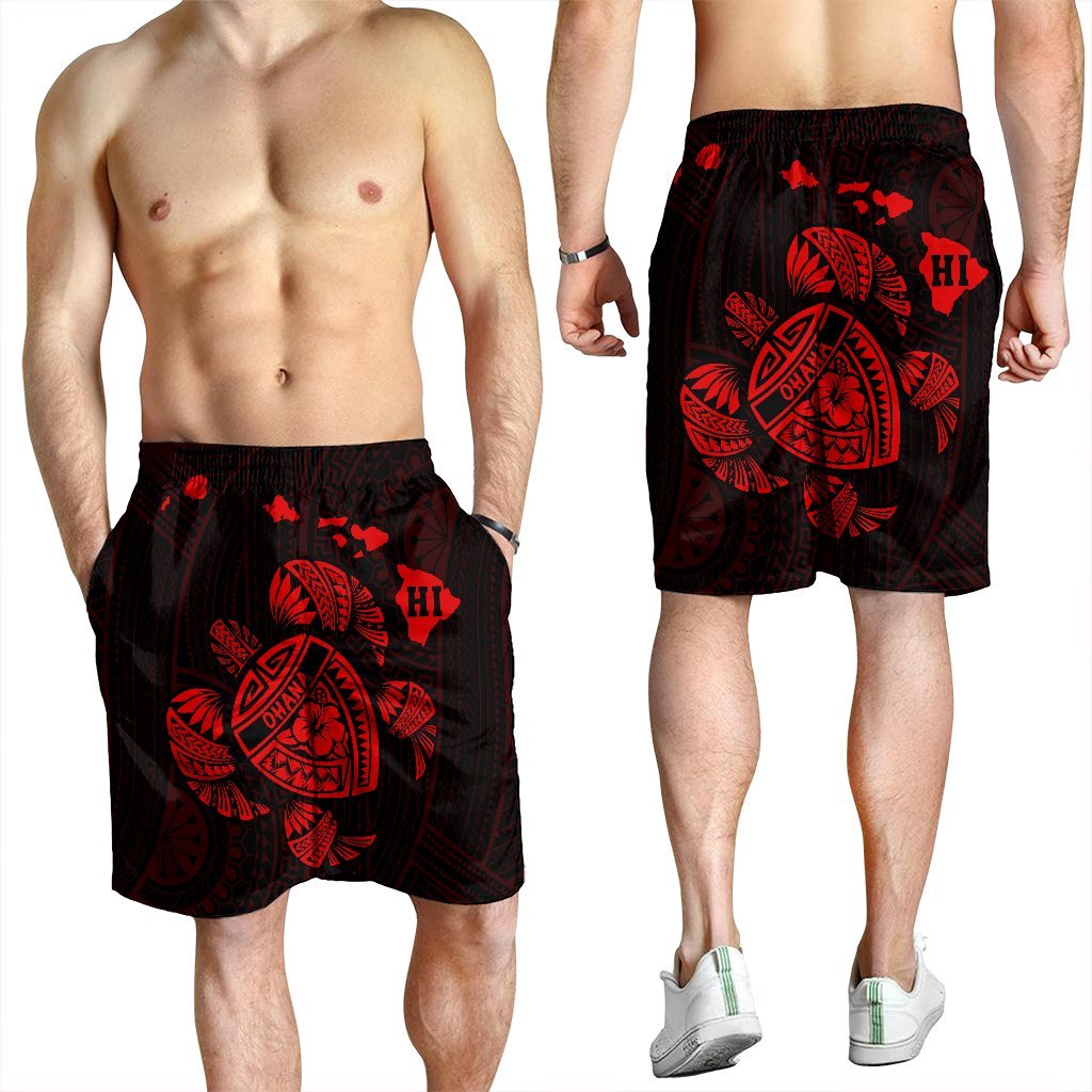Hawaiian Map Turtle Ohana Hibicus Polynesian Men's Shorts - Red - AH - Polynesian Pride
