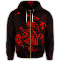 Hawaiian Map Turtle Ohana Hibicus Polynesian Zip Hoodie Red - Polynesian Pride