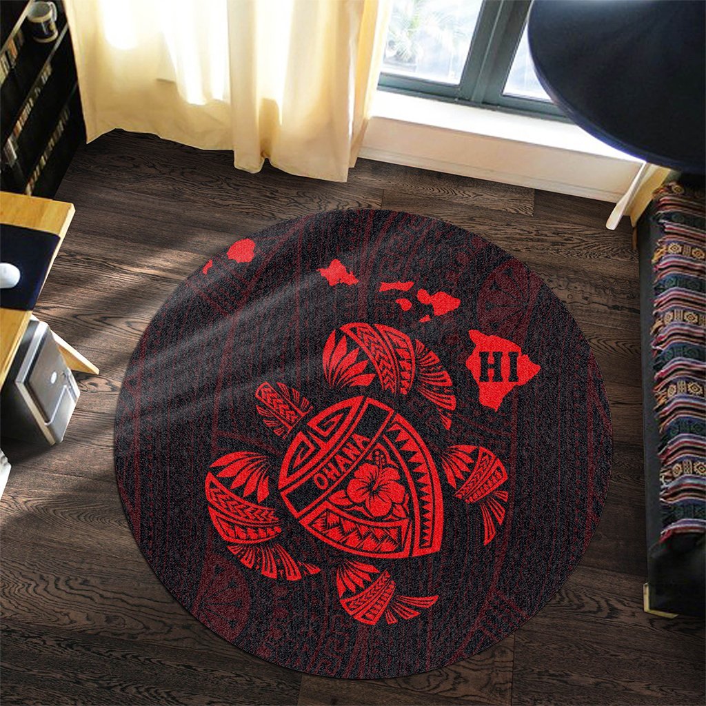 Hawaiian Map Turtle Ohana Hibicus Polynesian Round Carpet - Red - AH - Polynesian Pride