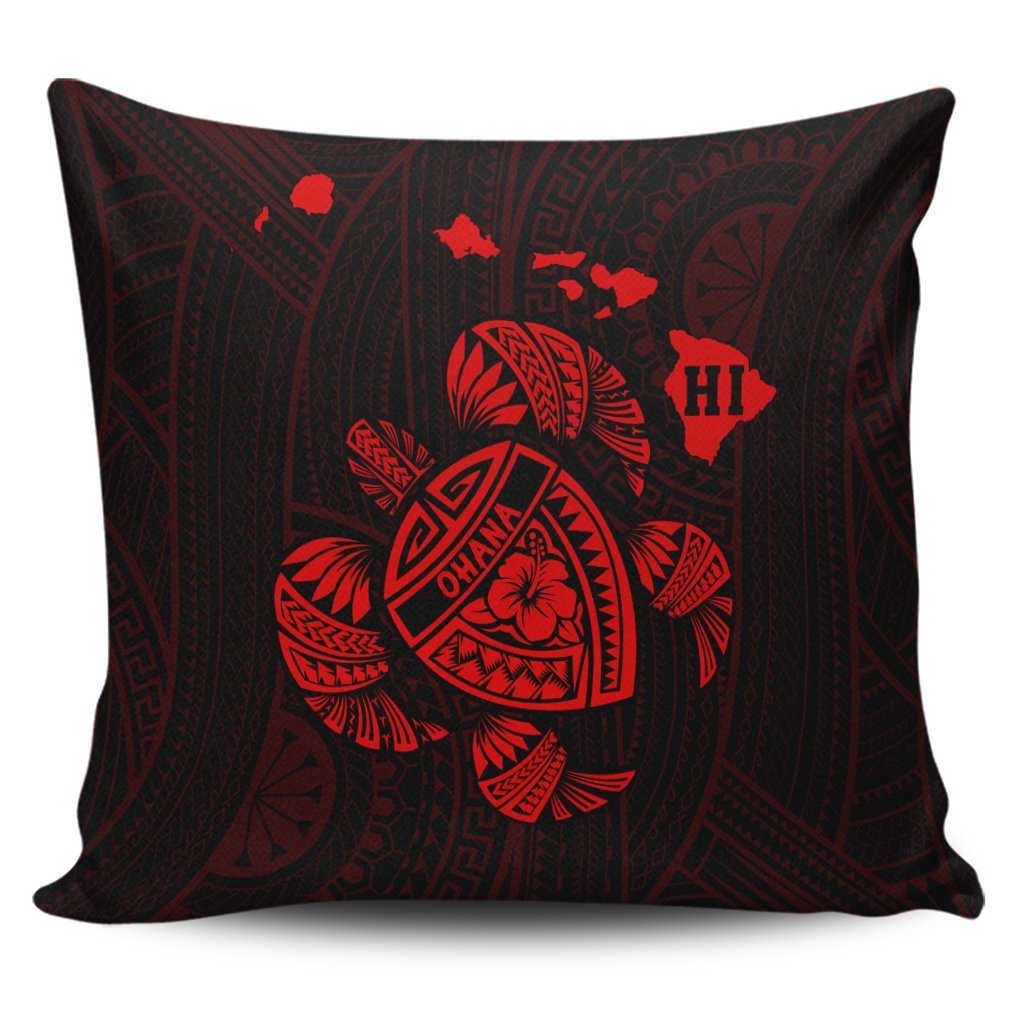 Hawaiian Map Turtle Ohana Hibicus Polynesian Pillow Covers - Red - AH Pillow Covers Black - Polynesian Pride