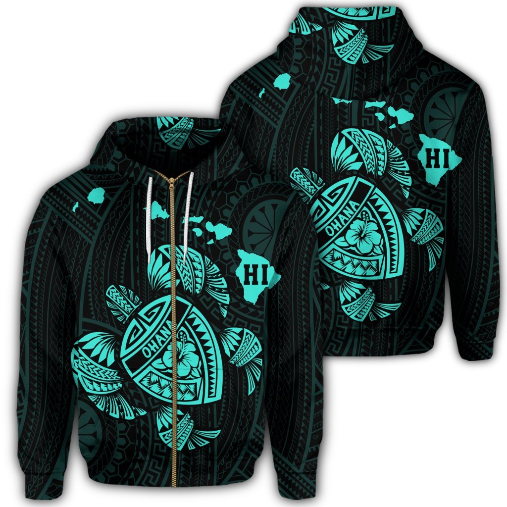 Hawaiian Map Turtle Ohana Hibicus Polynesian Zip Hoodie Turquoise Unisex Art - Polynesian Pride