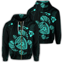 Hawaiian Map Turtle Ohana Hibicus Polynesian Zip Hoodie Turquoise Unisex Art - Polynesian Pride