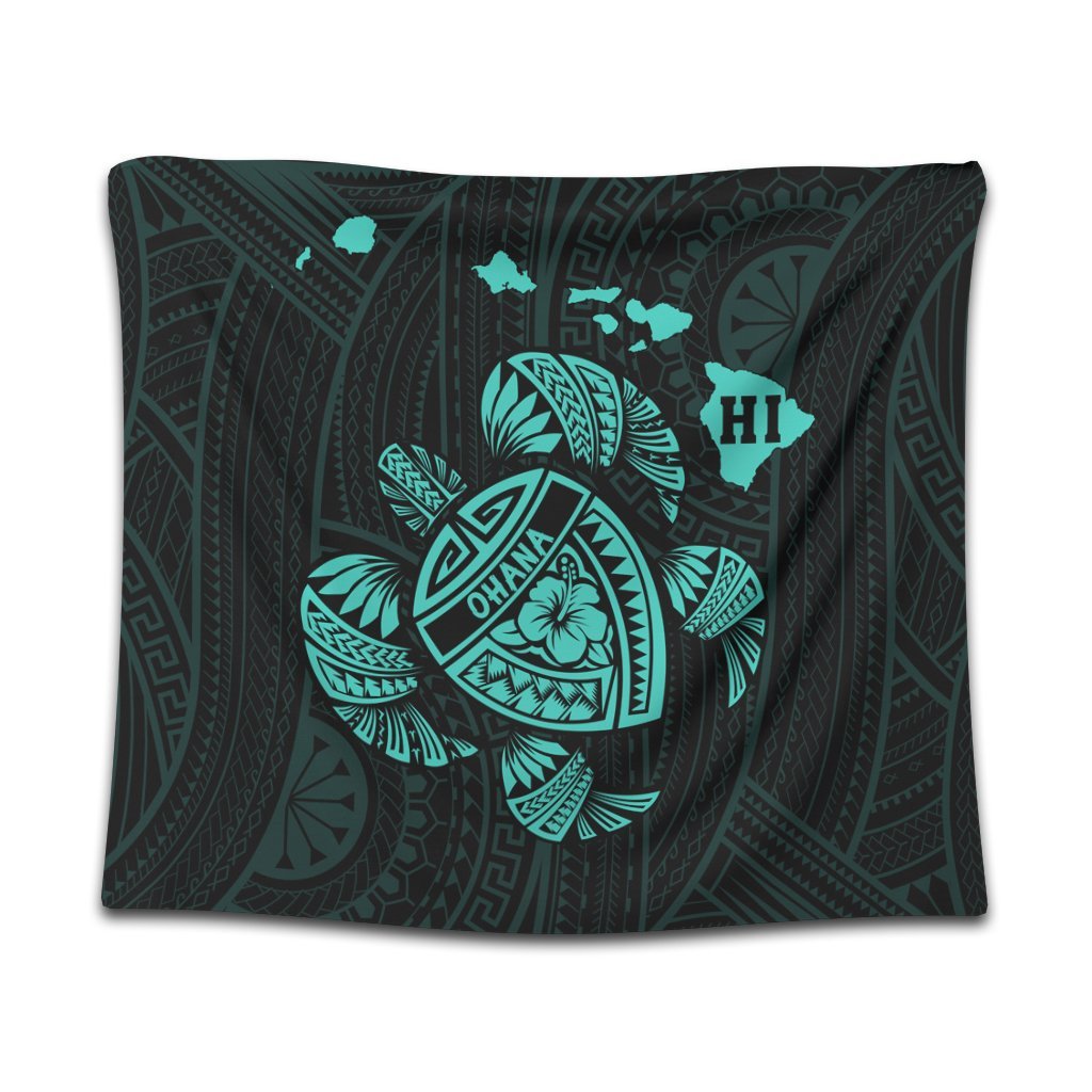 Hawaiian Map Turtle Ohana Hibicus Polynesian Tapestry - Turquoise - AH Wall Tapestry Black - Polynesian Pride