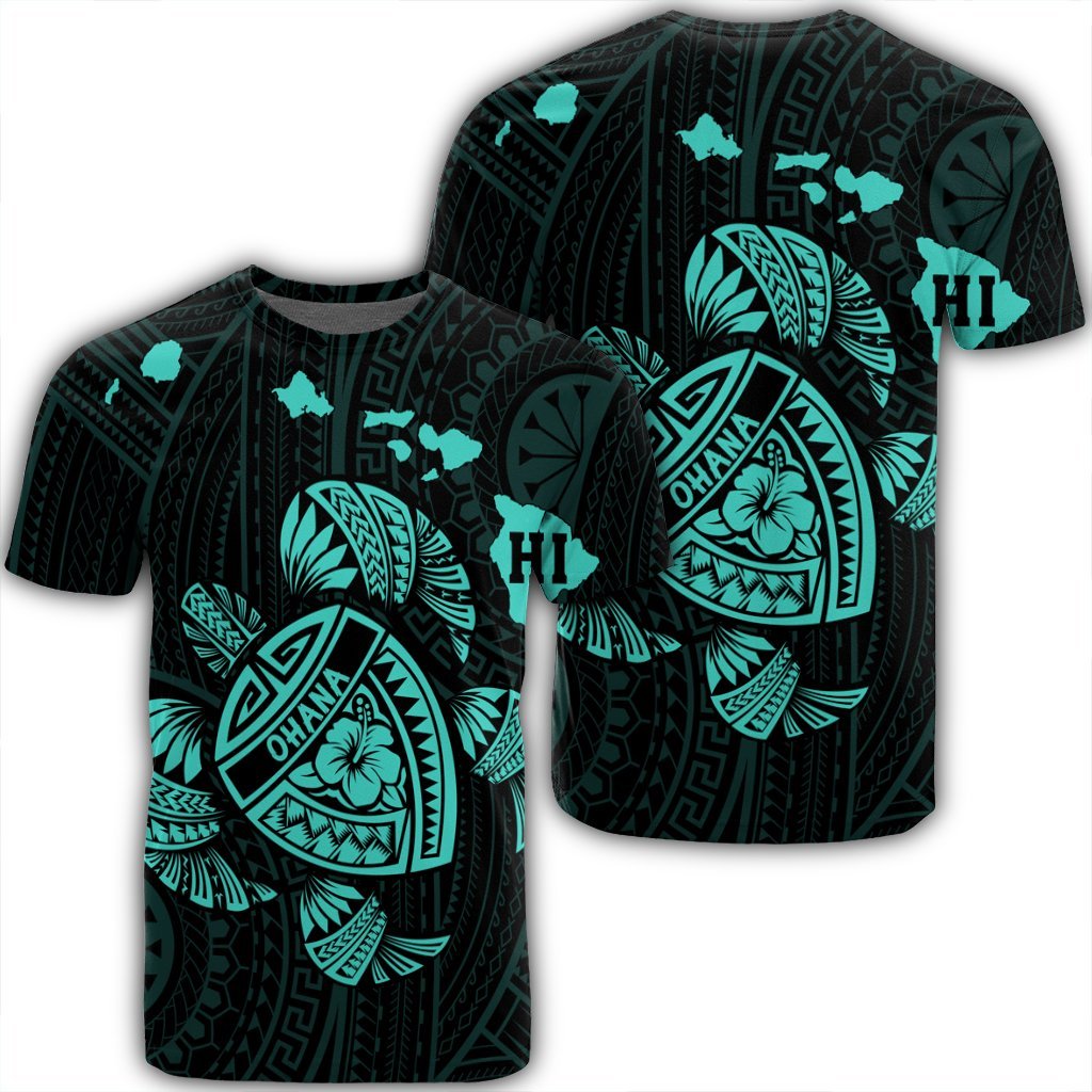 Hawaiian Map Turtle Ohana Hibicus Polynesian T Shirt Turquoise AH Unisex Black - Polynesian Pride