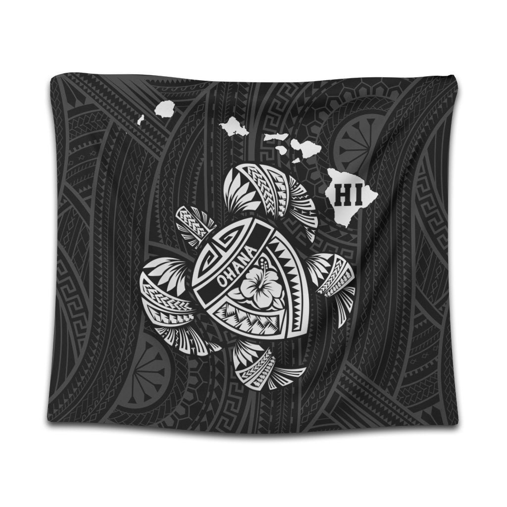 Hawaiian Map Turtle Ohana Hibicus Polynesian Tapestry - White - AH Wall Tapestry Black - Polynesian Pride