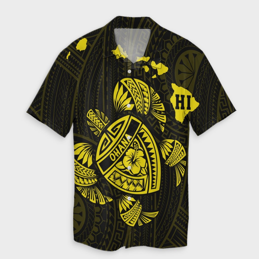 Hawaiian Map Turtle Ohana Hibicus Polynesian Hawaiian Shirt - Yellow - AH Unisex Black - Polynesian Pride