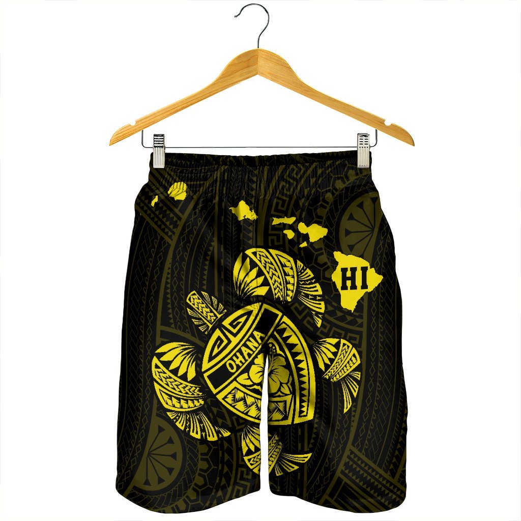Hawaiian Map Turtle Ohana Hibicus Polynesian Men's Shorts - Yellow - AH - Polynesian Pride