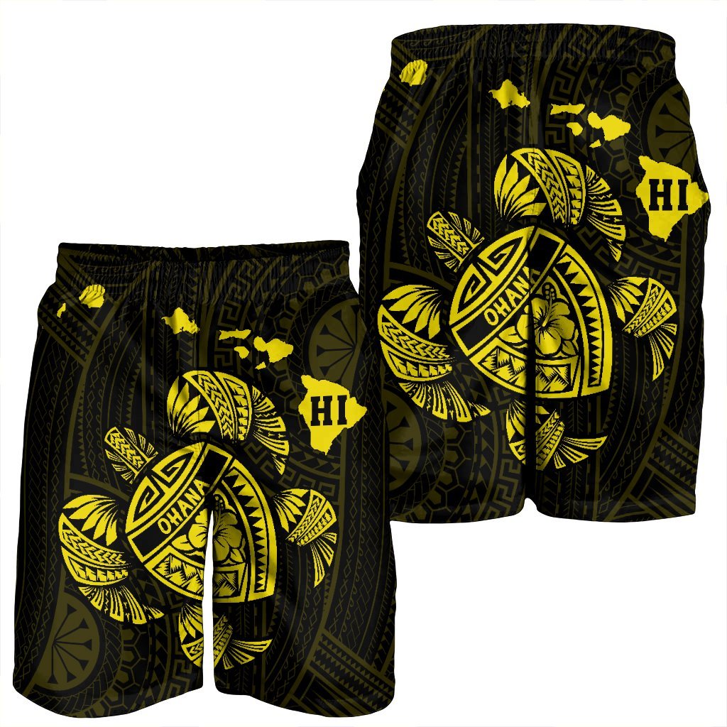 Hawaiian Map Turtle Ohana Hibicus Polynesian Men's Shorts - Yellow - AH - Polynesian Pride