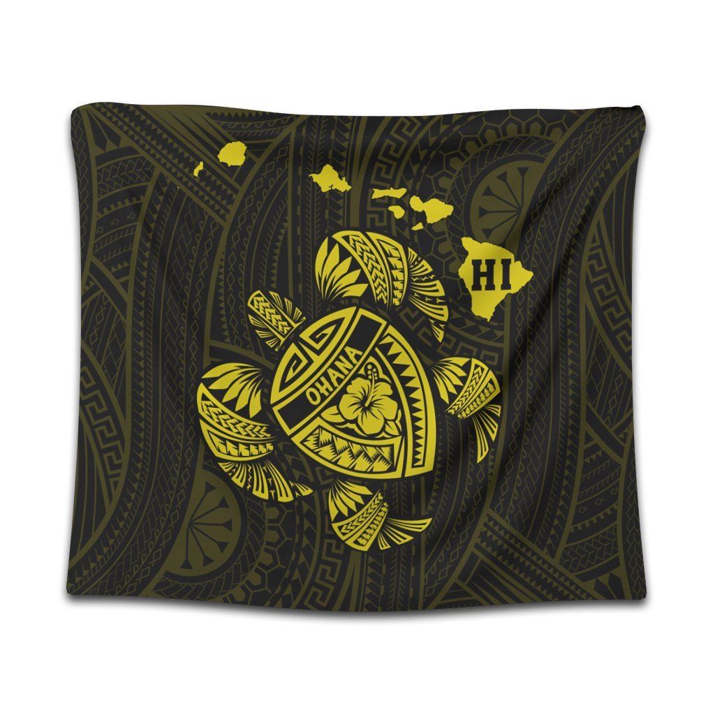 Hawaiian Map Turtle Ohana Hibicus Polynesian Tapestry - Yellow - AH Wall Tapestry Black - Polynesian Pride