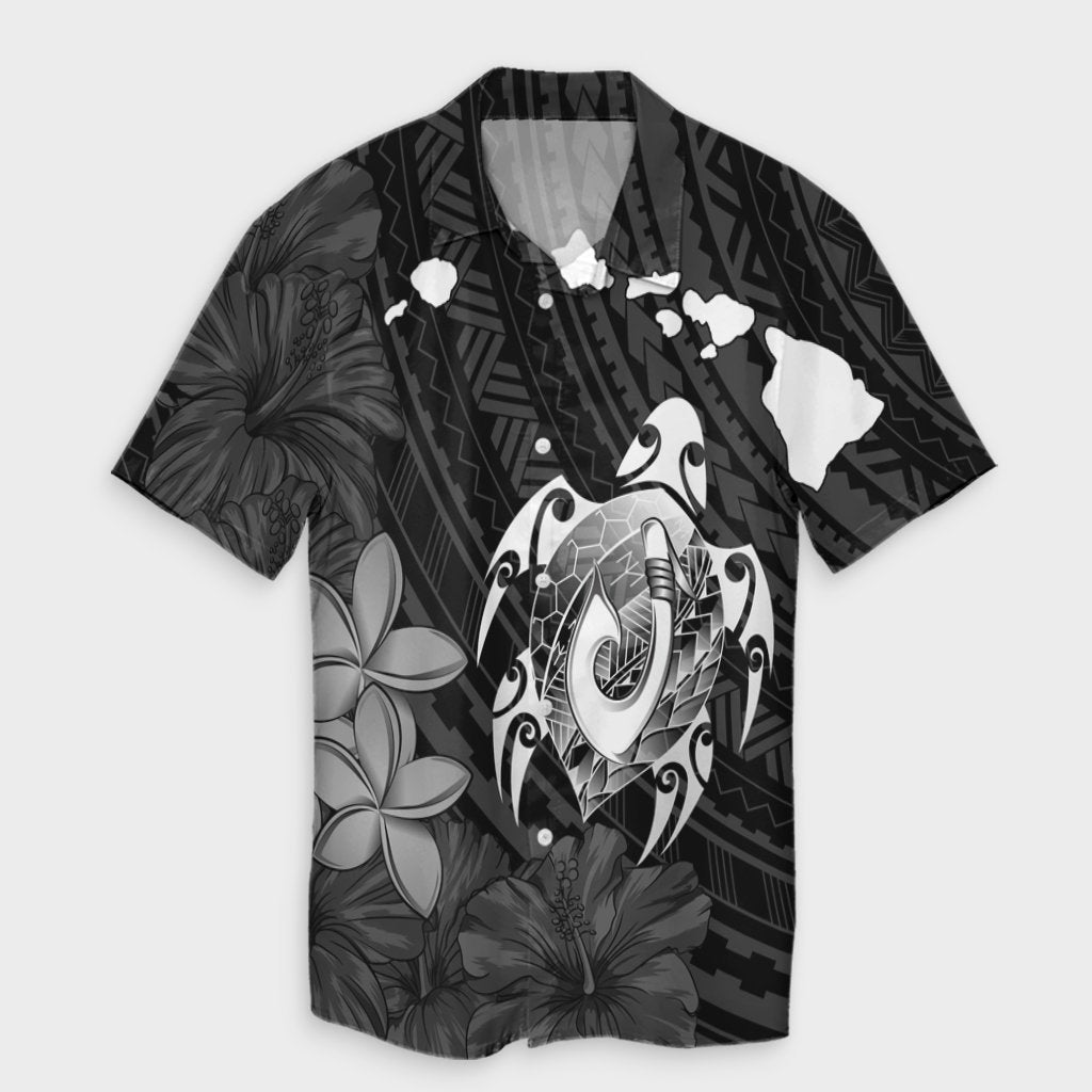 Hawaiian Map Turtle Plumeria Hibiscus Fish Hook Polynesian Hawaiian Shirt - AH Unisex Black - Polynesian Pride