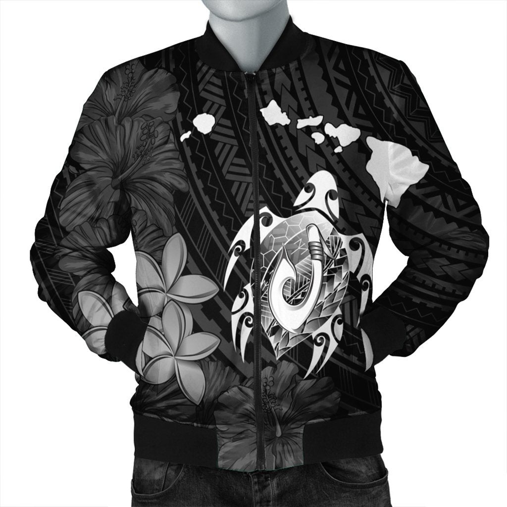 Hawaiian Map Turtle Plumeria Hibiscus Fish Hook Polynesian Bomber Jacket - AH Black Unisex - Polynesian Pride