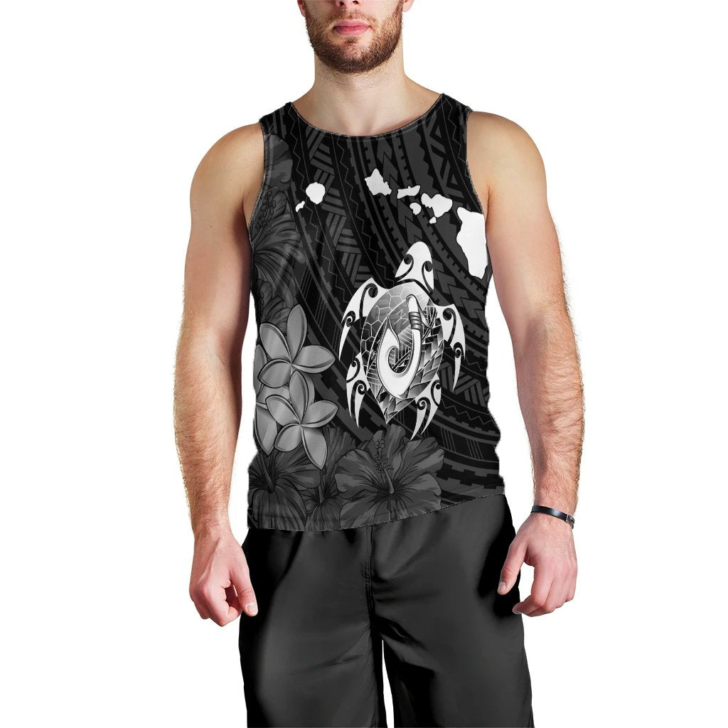 Hawaiian Map Turtle Plumeria Hibiscus Fish Hook Polynesian Tank Top - AH Black - Polynesian Pride