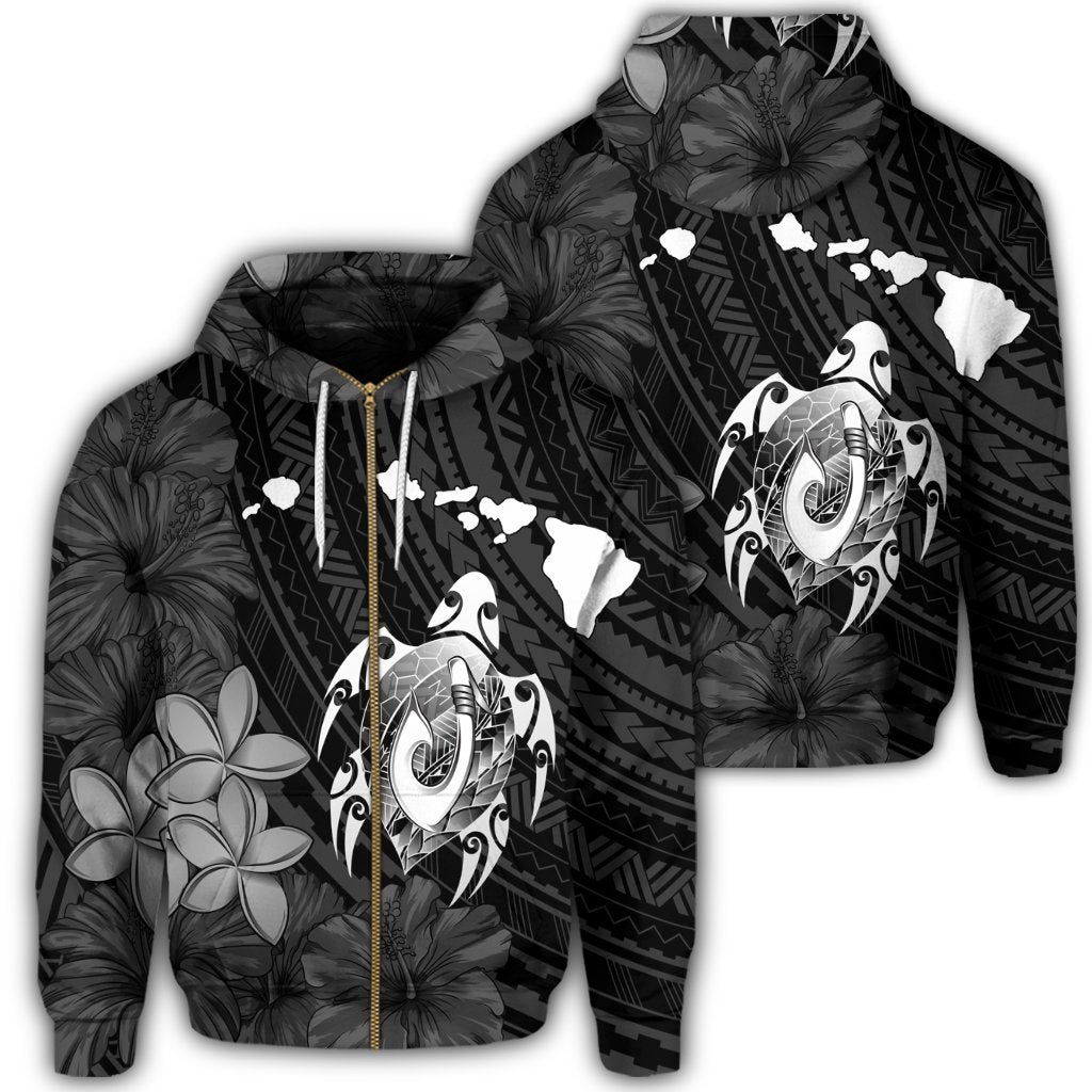 Hawaiian Map Turtle Plumeria Hibiscus Fish Hook Polynesian Zip Hoodie Unisex Art - Polynesian Pride