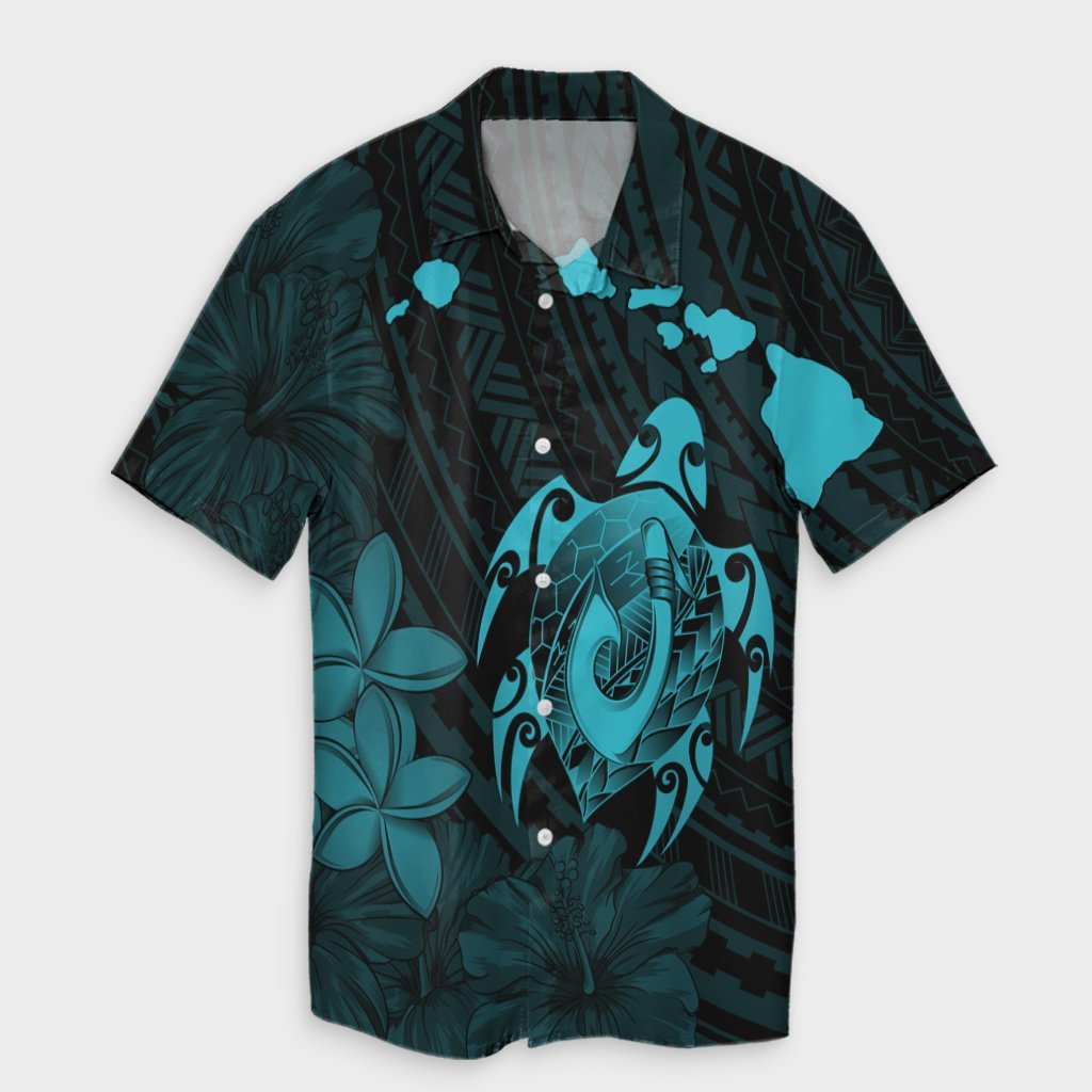 Hawaiian Map Turtle Plumeria Hibiscus Fish Hook Polynesian Hawaiian Shirt Blue - AH Unisex Black - Polynesian Pride