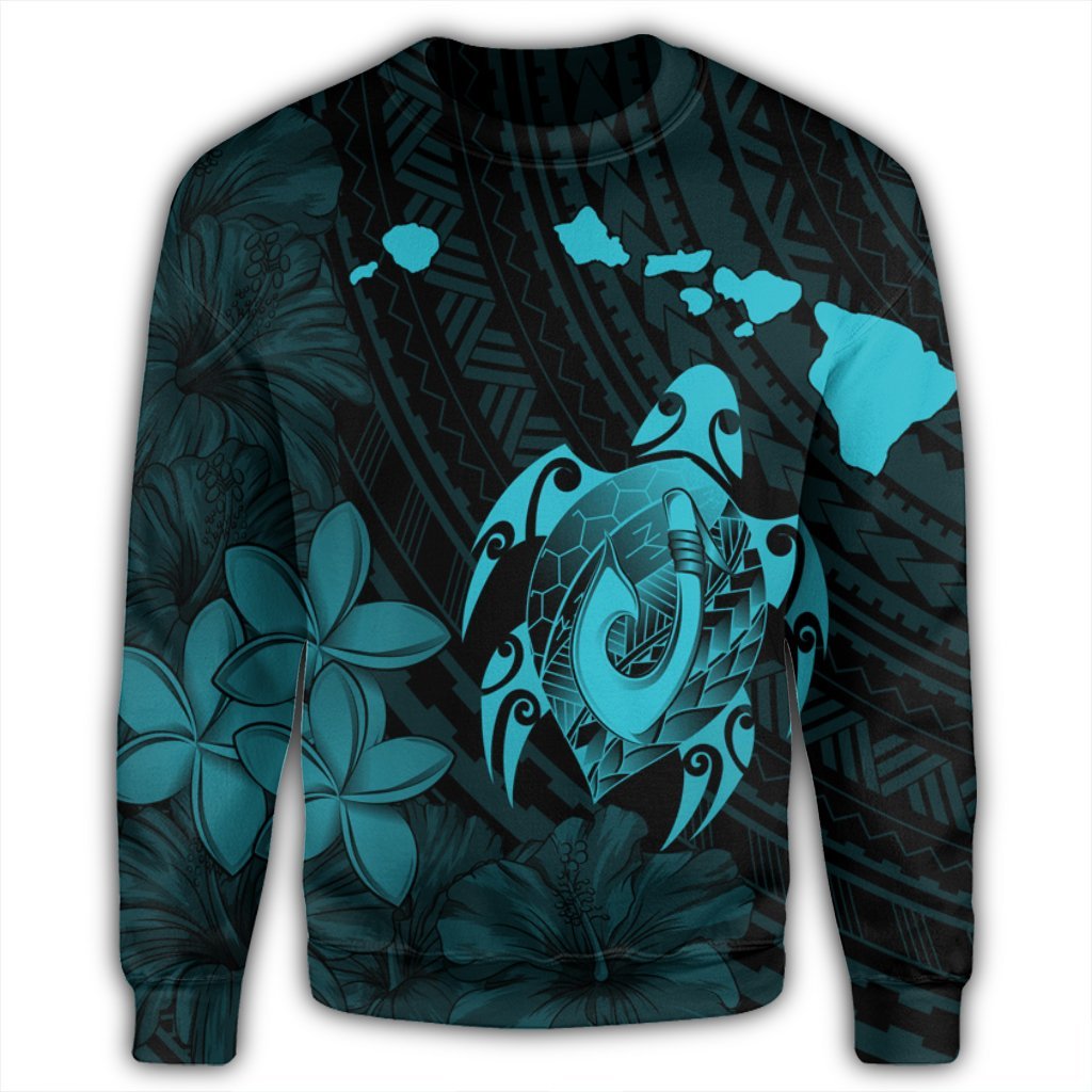 Hawaiian Map Turtle Plumeria Hibiscus Fish Hook Polynesian Sweatshirt Blue - AH - Polynesian Pride