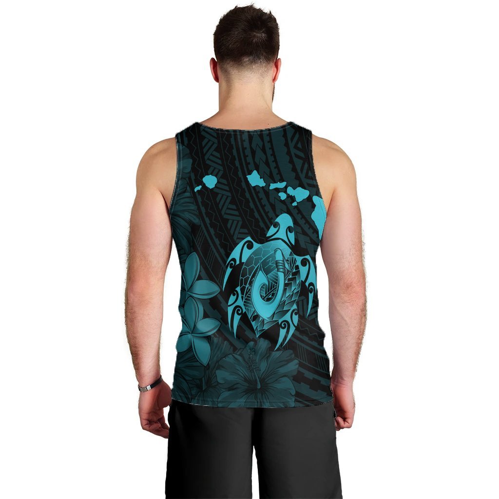 Hawaiian Map Turtle Plumeria Hibiscus Fish Hook Polynesian Tank Top Blue - AH - Polynesian Pride