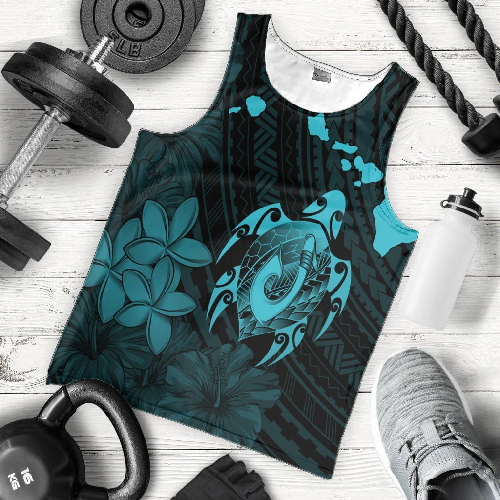 Hawaiian Map Turtle Plumeria Hibiscus Fish Hook Polynesian Tank Top Blue - AH - Polynesian Pride