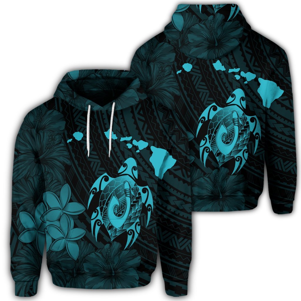 Hawaiian Map Turtle Plumeria Hibiscus Fish Hook Polynesian Hoodie Blue Unisex Art - Polynesian Pride