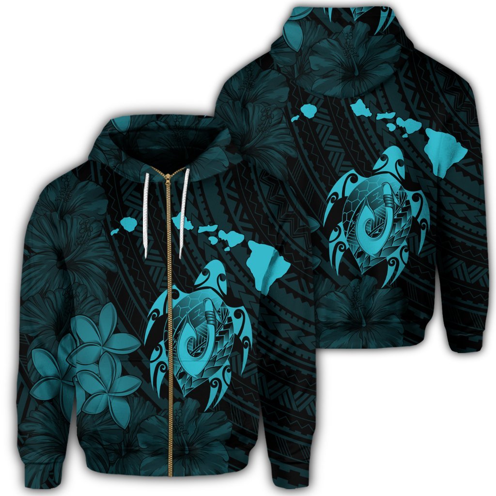 Hawaiian Map Turtle Plumeria Hibiscus Fish Hook Polynesian Zip Hoodie Blue Unisex Art - Polynesian Pride