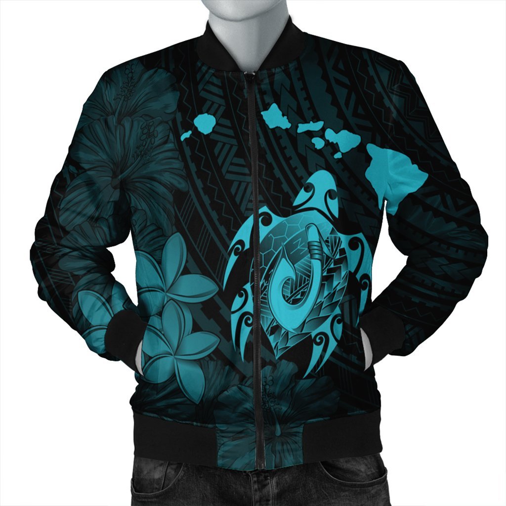 Hawaiian Map Turtle Plumeria Hibiscus Fish Hook Polynesian Bomber Jacket Blue - AH Black Unisex - Polynesian Pride