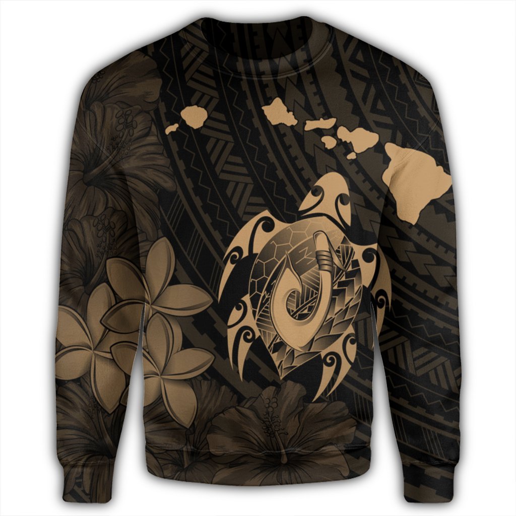 Hawaiian Map Turtle Plumeria Hibiscus Fish Hook Polynesian Sweatshirt Gold - AH - Polynesian Pride