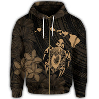 Hawaiian Map Turtle Plumeria Hibiscus Fish Hook Polynesian Zip Hoodie Gold - Polynesian Pride