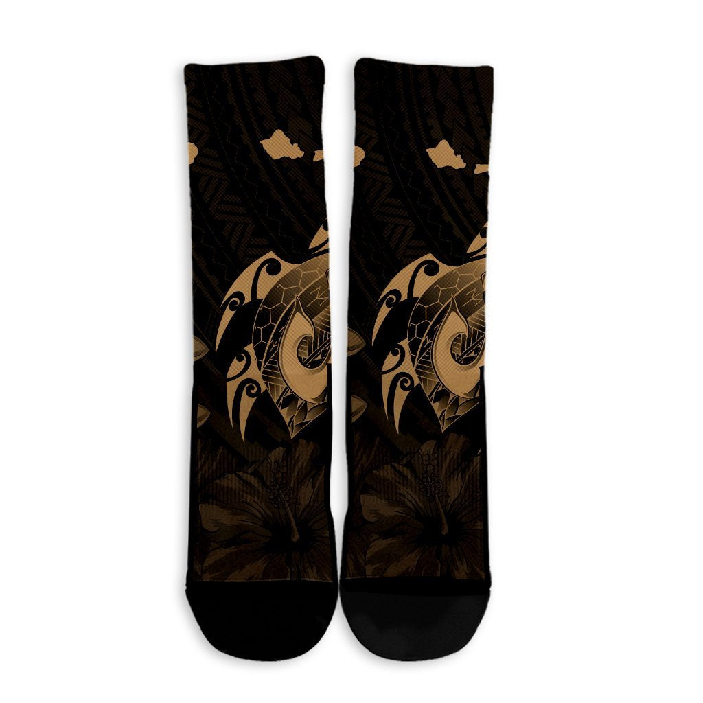 Hawaiian Map Turtle Plumeria Hibiscus Fish Hook Polynesian Crew Socks Gold - AH - Polynesian Pride