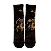 Hawaiian Map Turtle Plumeria Hibiscus Fish Hook Polynesian Crew Socks Gold - AH - Polynesian Pride