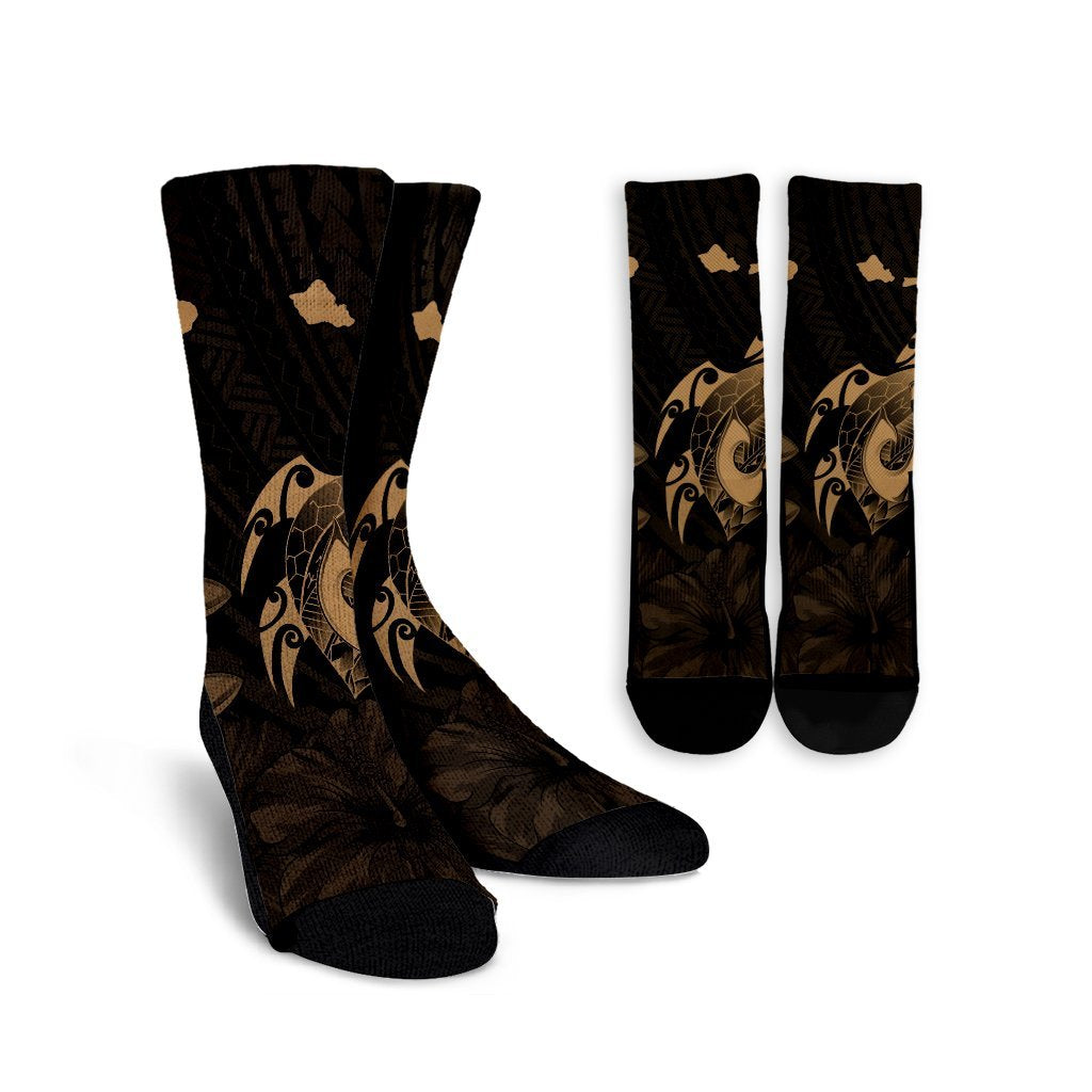 Hawaiian Map Turtle Plumeria Hibiscus Fish Hook Polynesian Crew Socks Gold - AH Crew Socks White - Polynesian Pride